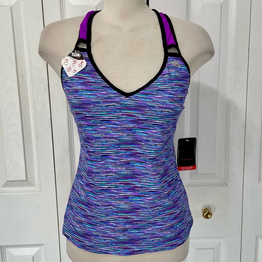 NWT ZeroXposur Purple, Blue & Teal Striped Racerback Swim Top